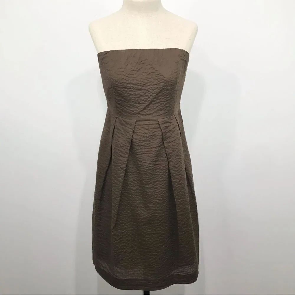 J. Crew Brown Crinkle Cotton Pleated Strapless A-Line Dress